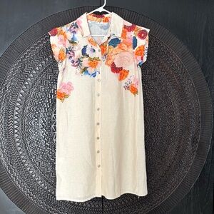 Cristina Vergani Italian Linen Shirt Dress S Beige Floral Button Down European